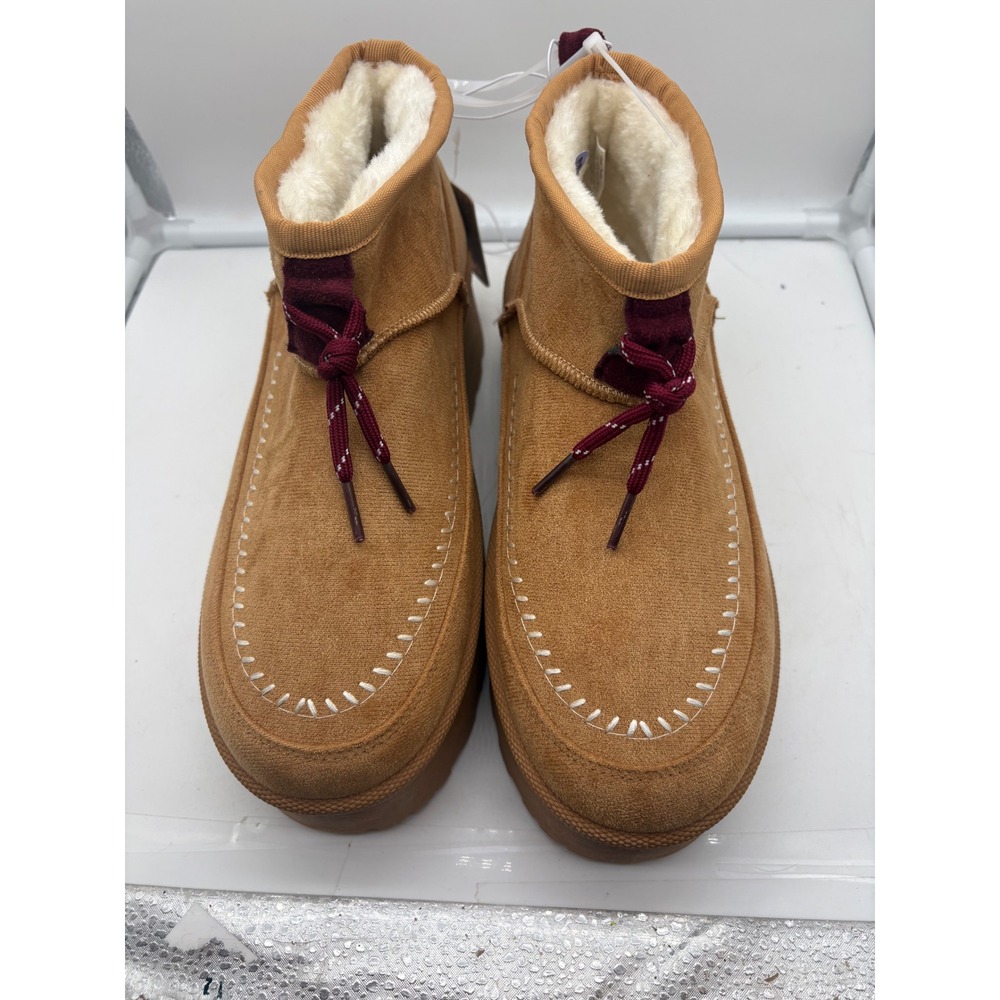 MUDD Tan Suede Platform Ankle Boots Faux Shearling Lined Moccasin Stitching 8.5